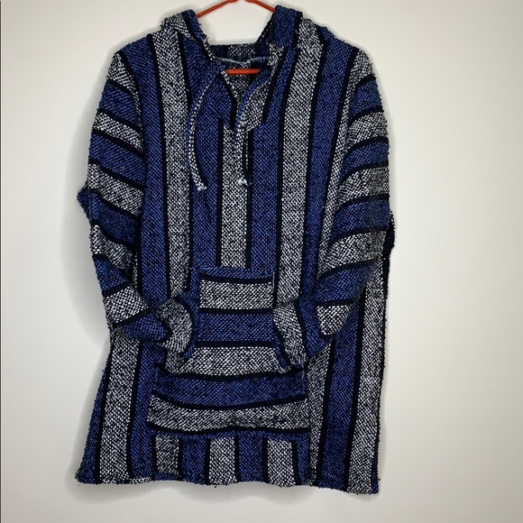 Baja | Blue Mexican Authentic Drug Rug Hoodie Imported Drug Rug Kangaroo Pocket - Picture 9 of 10